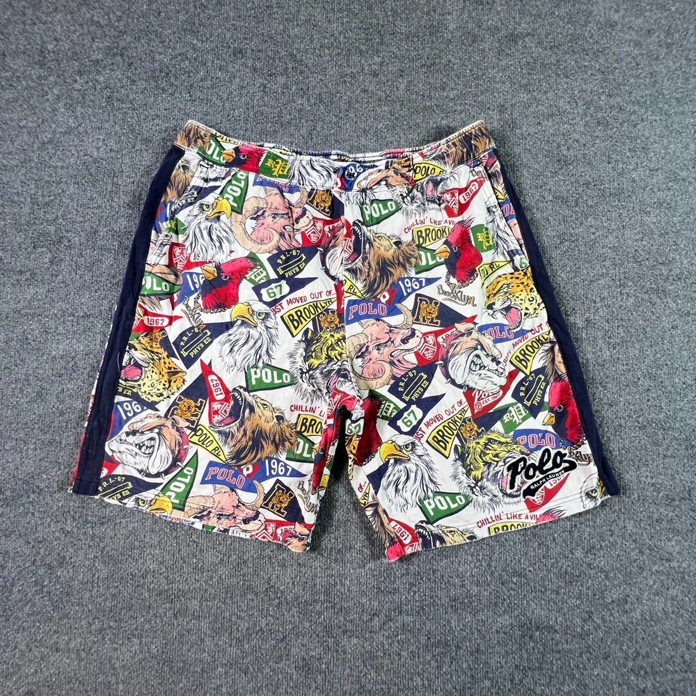 Polo Ralph Lauren Sweat Shorts Men's XL White All-Over Print Embroidered Travel